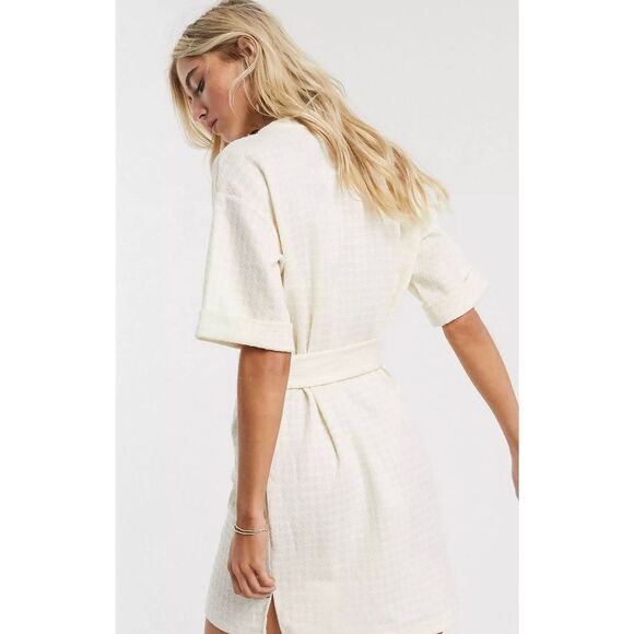 NWOT Bershka Belted Cream Houndstooth Short Sleeve Shirt Mini Dress Size Small - Picture 2 of 15
